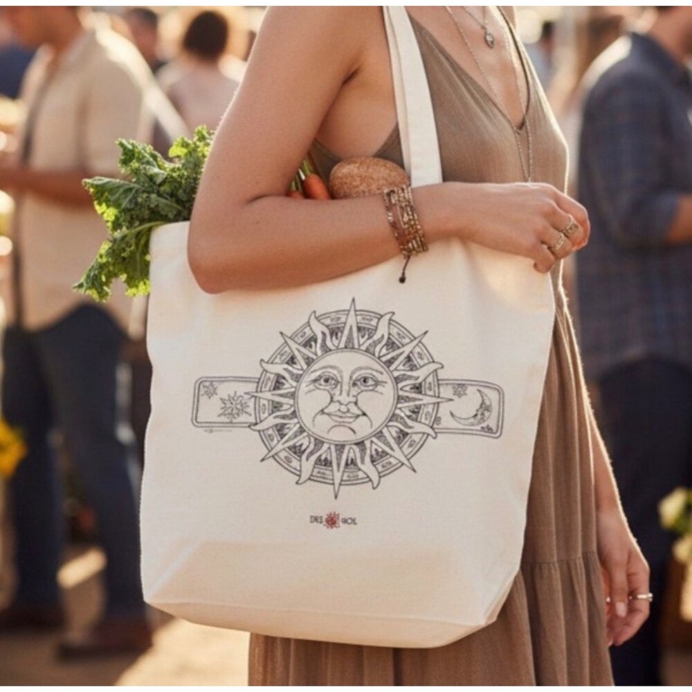 DEL SOL Canvas Tote Bag Celestial Stars Sun Moon Sustainable Natural Indie Large